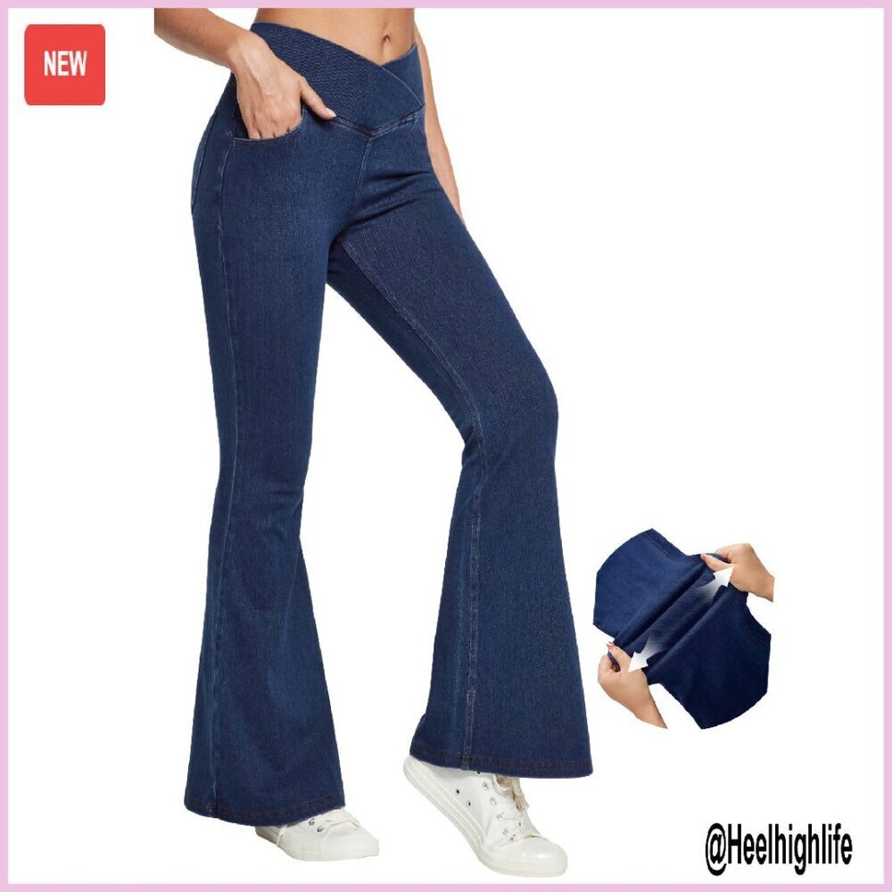 High Waisted Bell Bottom Flare Jeans Stretchy Pull On Wide Leg Pants